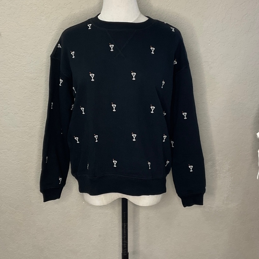 716 - Lou & Grey NWT Black Sweatshirt with White Pattern, Size XXS - Oversized - Picture 1 of 6